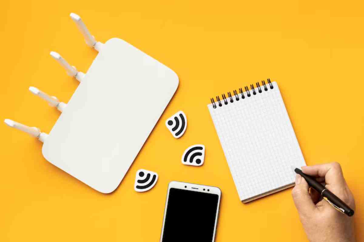 A flat lay of a white Wi-Fi router, a smartphone, notepad, and Wi-Fi icons on a bright yellow background. A hand is writing in the notepad.