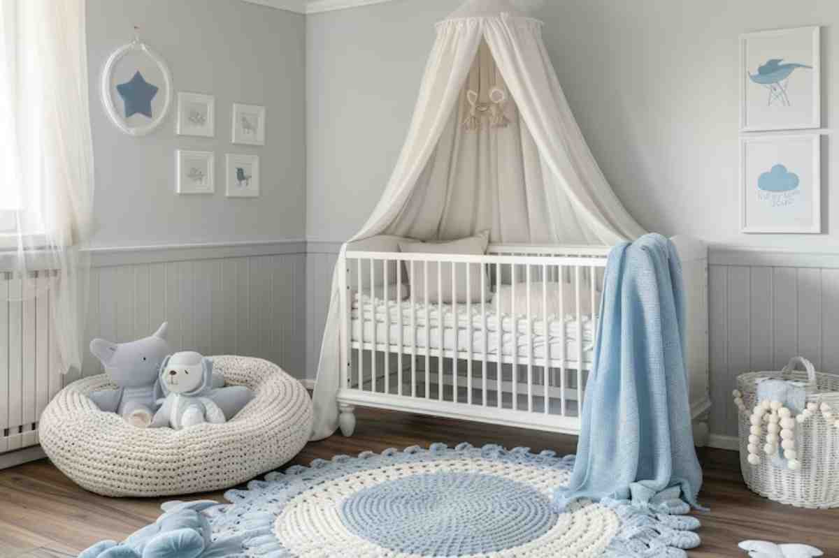 A serene baby nursery featuring a white crib, plush toys, and soft blue and gray decor, creating a cozy and inviting atmosphere.