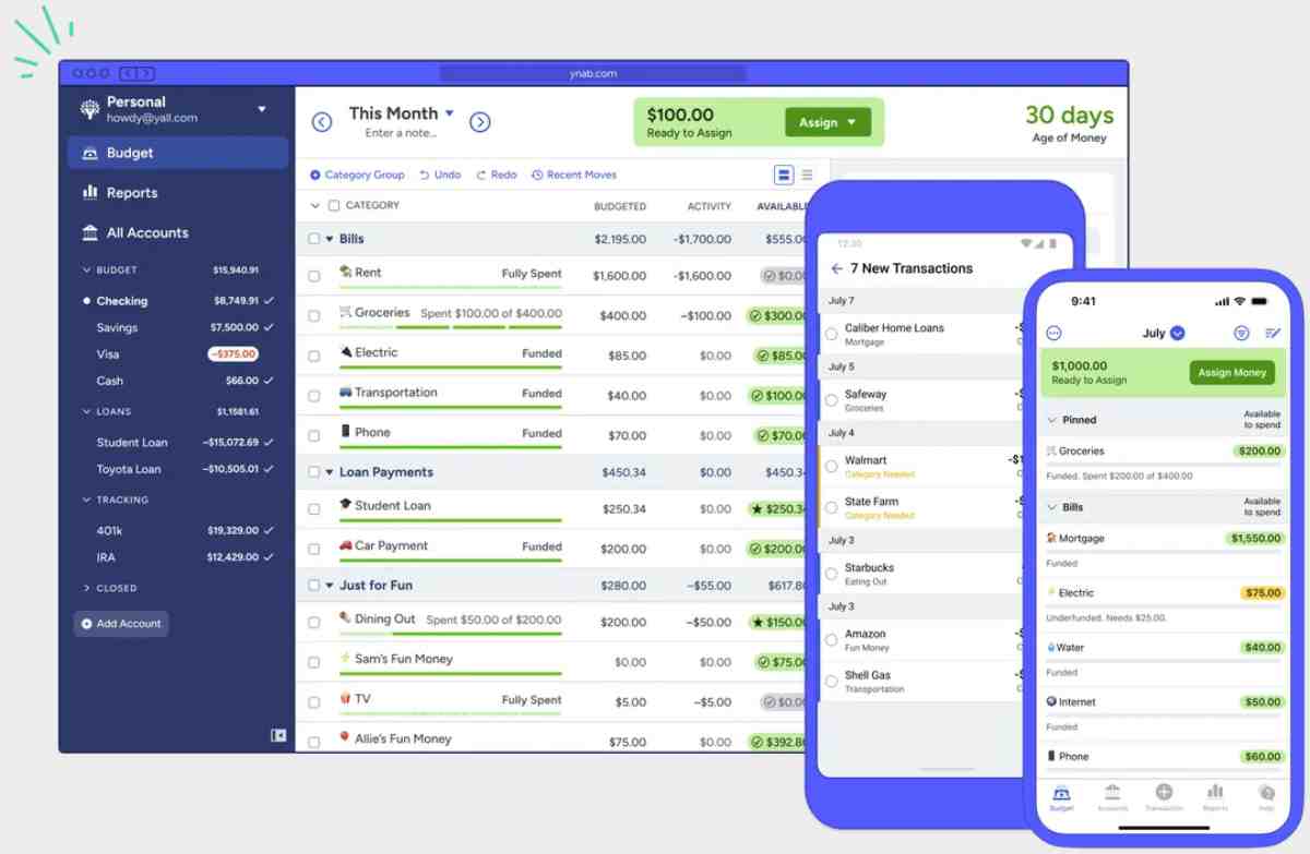 Image of a budgeting app displaying monthly expenses, categories, and account balances on a computer and two mobile screens.