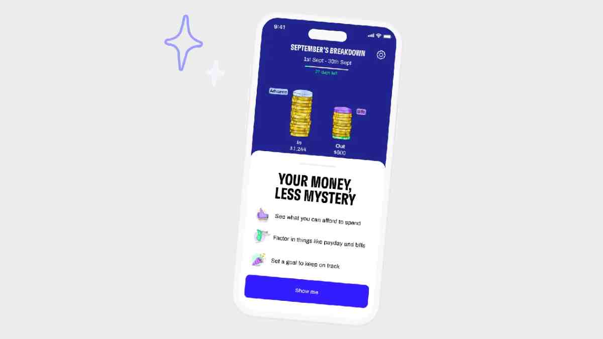 A smartphone displays a financial app showing September's income and expenses, promoting budget tracking and financial clarity.