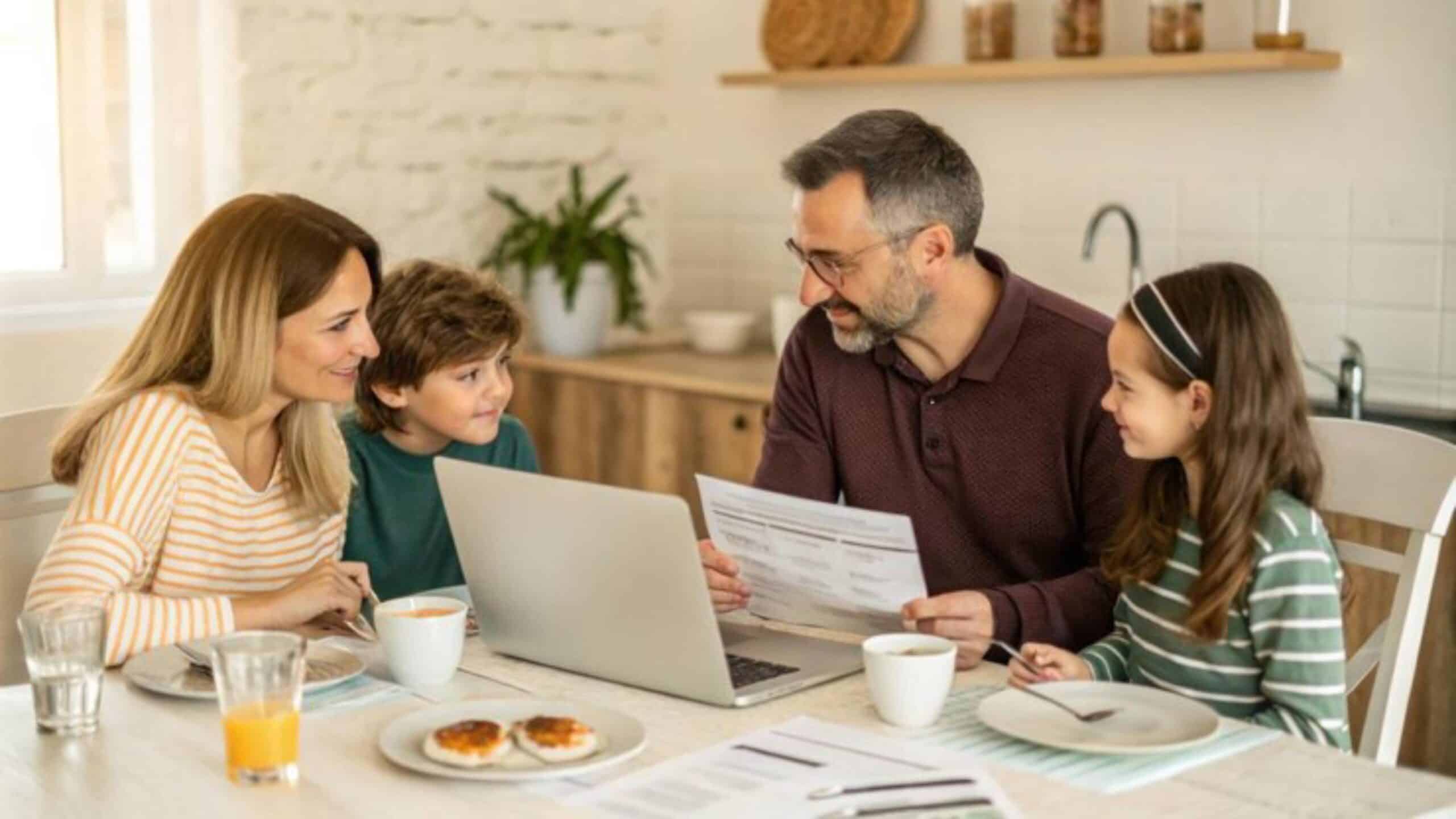 A family of four gathers around a table, engaging with a laptop, with breakfast items and drinks in front of them in a cozy kitchen.