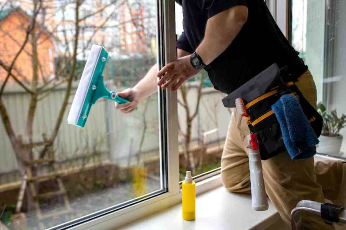A person cleans a window with a squeegee, wearing a tool belt with cleaning supplies, while kneeled on a windowsill.